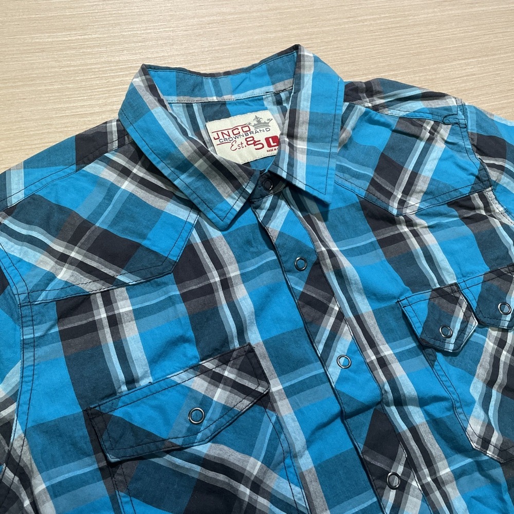 JNCO Blue Plaid Western Shirt Men L Y2K Skater Grunge Snap Button Skate